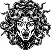 black and white graphic drawing of Medusa, a mythical woman with snakes for hair illustrating my reaction to not getting the Valentine's Day gift I expected