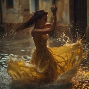 Woman dancing joyfully at home embodying Venus energy, pleasure and movement