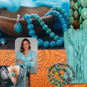 Collage showing turquoise gemstones and clothing to wear to prevent falls for Sagittarius Svamsa people.