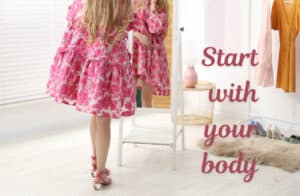 Woman in floral dress preparing for a date, representing honoring Venus and feeling magnetic in love.